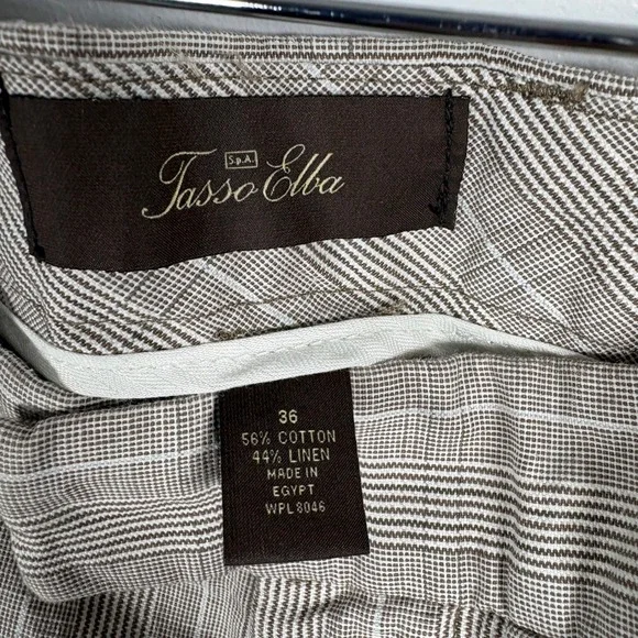 Tasso Elba Mens Plaid Shorts Tan White Cotton Linen Blend Size 36 Flat Front - Picture 2 of 4